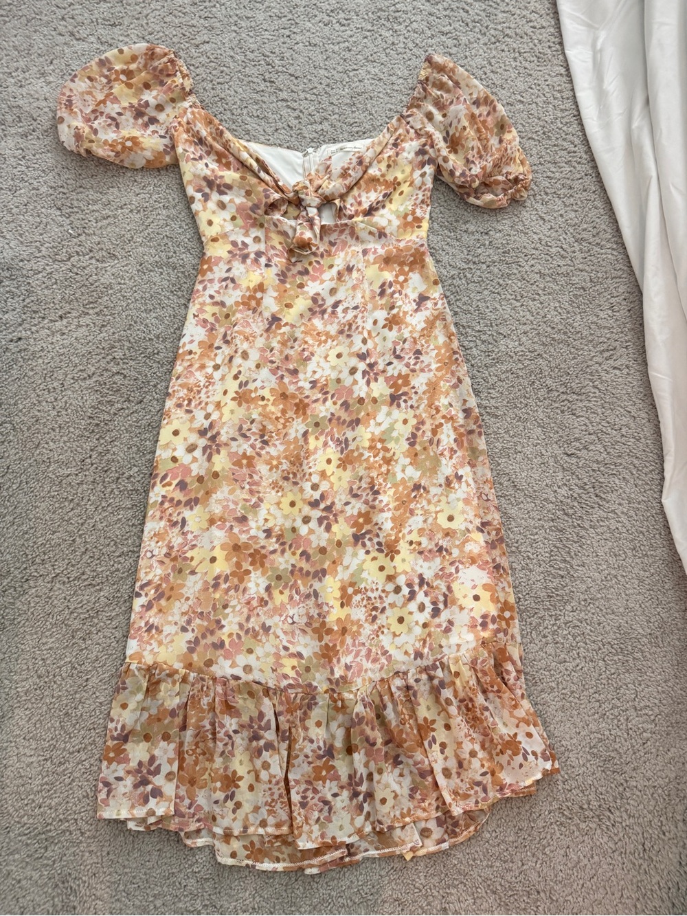 Tie-Front Floral Midi Dress in Cream and Peach